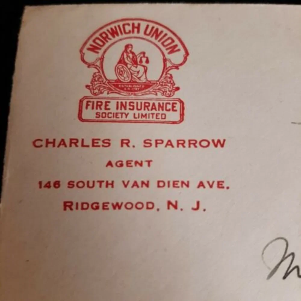 Vtg 1932 NORWICH UNION FIRE INSURANCE Envelope Cover & Invoice Ephemera NJ